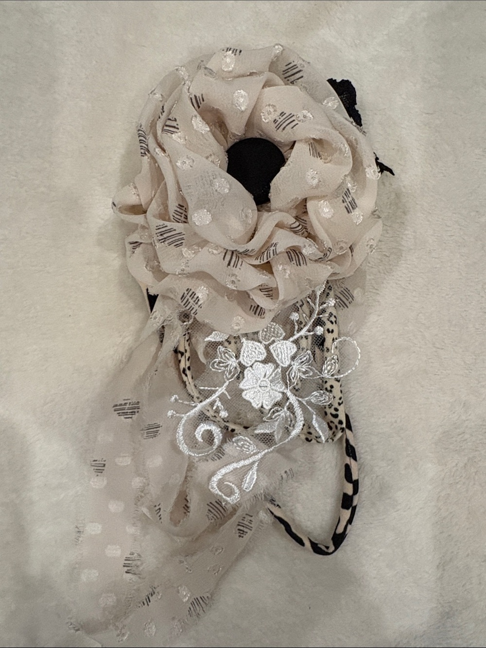 Delicate Cream Floral Brooch Pin with Silver Embroidery